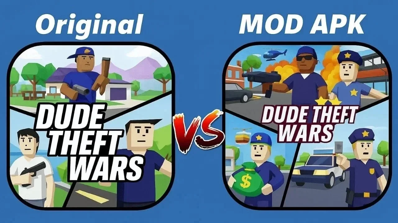 Dude Theft Wars MOD APK v0.9.0.9e2 (Unlimited Money Mega Menu) 12 Orignal VS MOD APK dude theft wars
